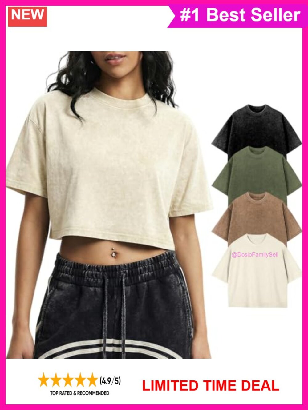 Womens 100% Cotton Cropped T Shirt Acid Wash Oversized Crewneck